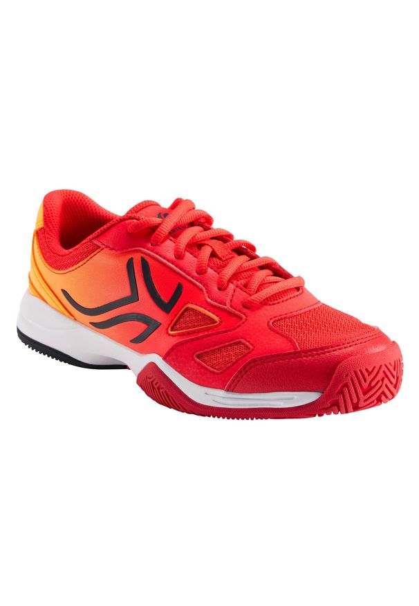 ARTENGO - Buty tenis TS560 dla dzieci. Kolor: wielokolorowy, pomarańczowy, czarny, czerwony. Materiał: tkanina, mesh, kauczuk. Szerokość cholewki: szeroka. Sport: tenis