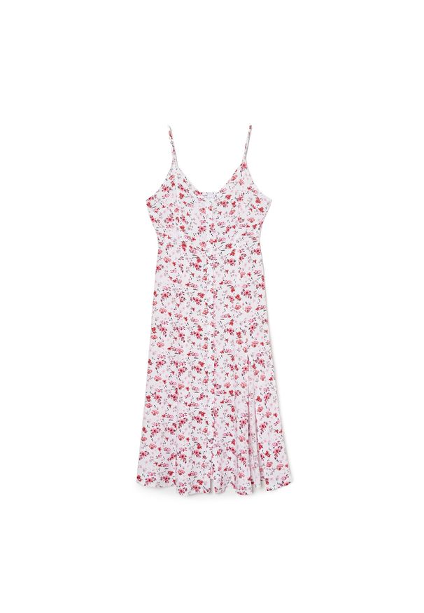 Cropp - Sukienka midi na ramiączkach - Biały. Typ kołnierza: dekolt w kształcie V. Kolor: biały. Materiał: tkanina, wiskoza. Długość rękawa: na ramiączkach. Wzór: nadruk, kwiaty. Sezon: lato. Długość: midi