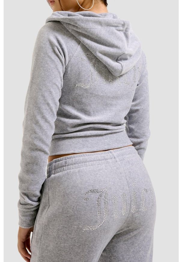 Juicy Couture - JUICY COUTURE Szara damska bluza Madison Hoodie. Typ kołnierza: kaptur. Kolor: szary. Materiał: materiał, elastan, poliester. Wzór: aplikacja. Styl: elegancki