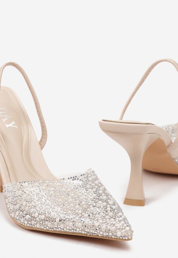 Renee - Beżowe Sandały na Szpilce z Przezroczystym Noskiem w Cekiny i Perły Niria. Okazja: na imprezę. Kolor: beżowy. Wzór: aplikacja. Obcas: na szpilce. Styl: wizytowy