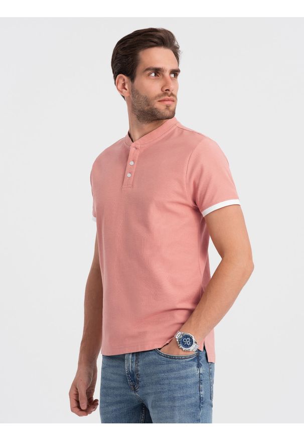 Ombre Clothing - Męska koszulka polo bez kołnierzyka - różowa V7 OM-TSCT-0156 - XXL. Typ kołnierza: bez kołnierzyka, polo. Kolor: różowy. Materiał: bawełna. Długość: długie