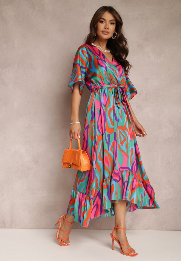 Renee - Zielono-Różowa Sukienka Telepholis. Okazja: na imprezę. Kolor: zielony. Materiał: tkanina. Sezon: lato. Styl: elegancki