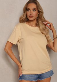 Renee - Beżowa Koszulka z Bawełny o Fasonie T-shirt Lormarka. Okazja: na co dzień. Kolor: beżowy. Materiał: bawełna. Styl: casual, klasyczny #5