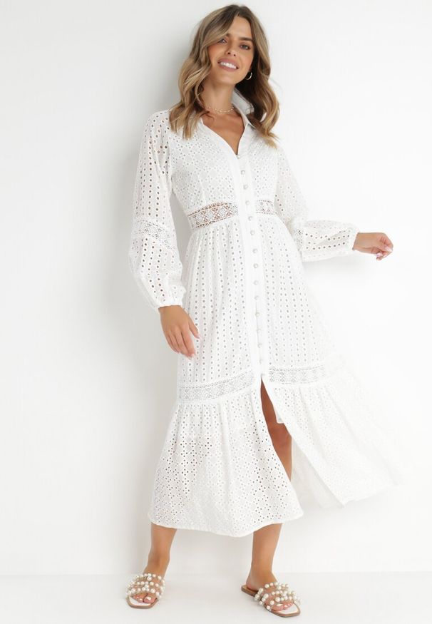 Born2be - Biała Sukienka Amarit. Kolor: biały. Materiał: bawełna, koronka, tkanina. Wzór: aplikacja, haft. Typ sukienki: koszulowe. Styl: boho. Długość: midi