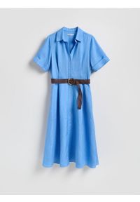 Reserved - Sukienka midi z lnem - niebieski. Kolor: niebieski. Materiał: len. Długość: midi