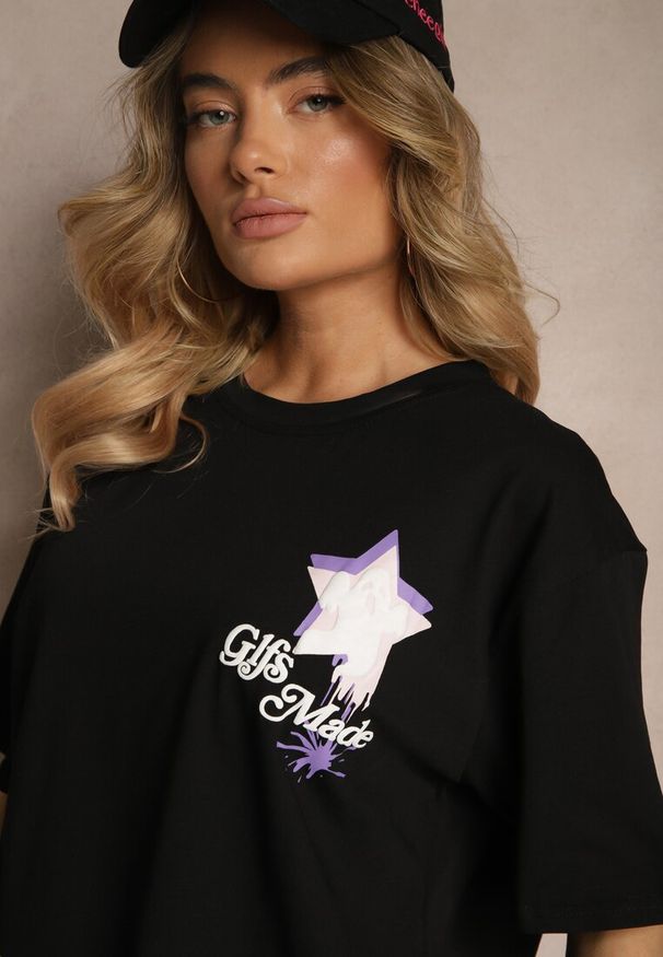 Renee - Czarny T-shirt z Bawełną i Ozdobnym Nadrukiem Sovreti. Okazja: na co dzień. Kolor: czarny. Materiał: bawełna. Wzór: nadruk. Styl: casual