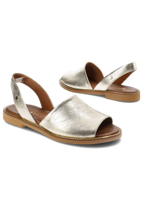 Złote Sandały Armodo Stylowe Buty Damskie. Zapięcie: pasek. Kolor: złoty. Wzór: aplikacja. Styl: elegancki