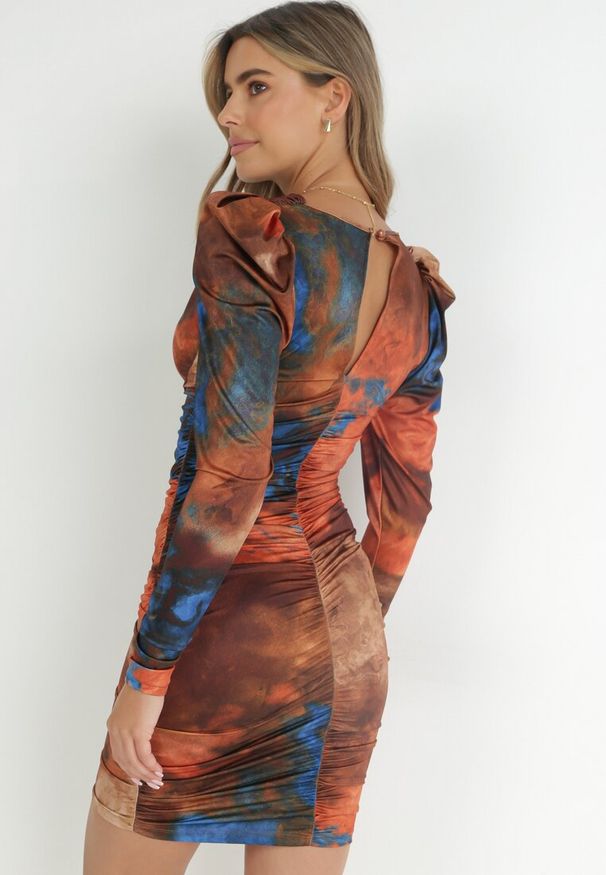 Born2be - Pomarańczowa Sukienka Tie-Dye z Bufiastym Rękawem Haki. Okazja: na co dzień. Kolor: pomarańczowy. Styl: klasyczny, elegancki, casual