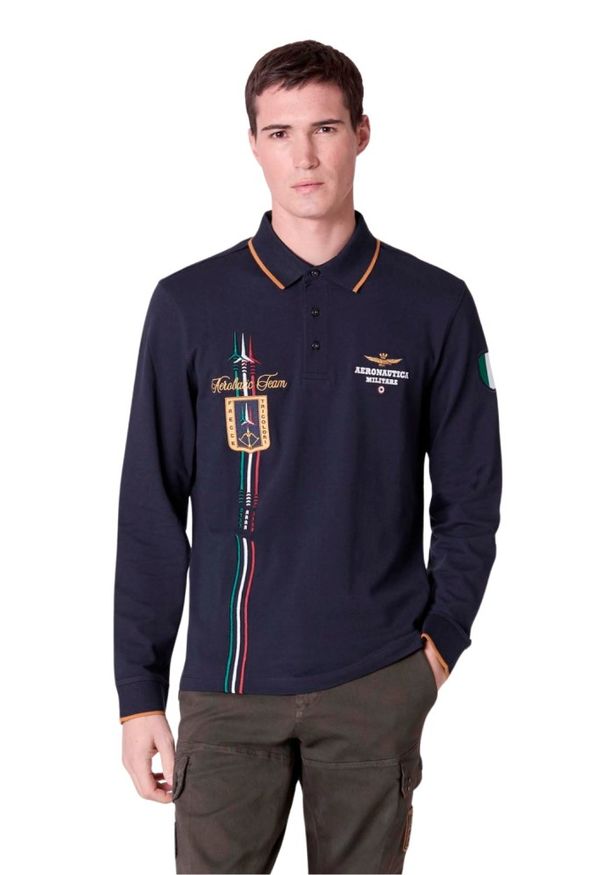 Aeronautica Militare - AERONAUTICA MILITARE Granatowa męska koszulka polo Piqué. Typ kołnierza: polo. Kolor: niebieski