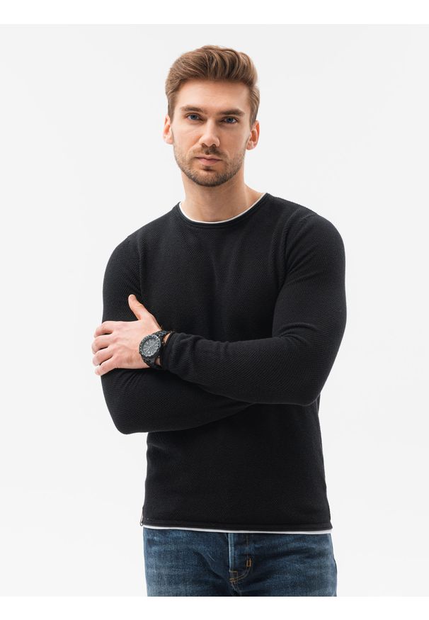 Ombre Clothing - Sweter męski E121 - czarny - XXL. Okazja: na co dzień. Kolor: czarny. Materiał: bawełna. Styl: casual, elegancki, klasyczny