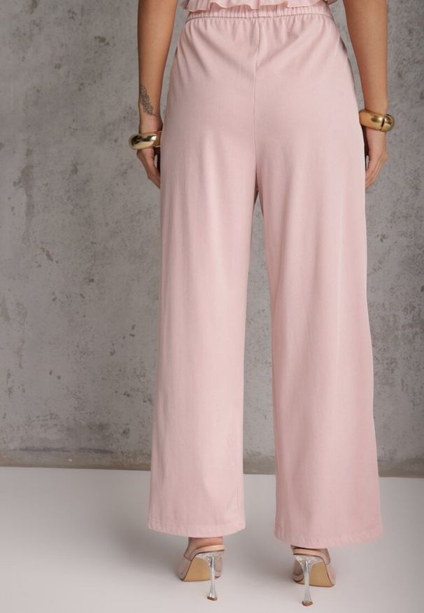 Renee - Różowe Szerokie Spodnie Wiskozą Bawełną i Elastyczną Talią ze Sznurkiem Arkinae. Okazja: na co dzień. Stan: podwyższony. Kolor: różowy. Materiał: wiskoza, bawełna. Wzór: aplikacja. Styl: casual