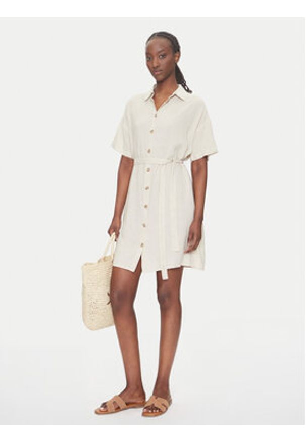Vero Moda Sukienka koszulowa Thea 10333791 Beżowy Loose Fit. Kolor: beżowy. Materiał: wiskoza, len. Typ sukienki: koszulowe