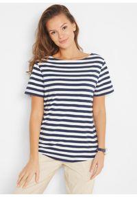 bonprix - T-shirt z dekoltem w łódkę. Typ kołnierza: dekolt w łódkę. Kolor: biały. Materiał: elastan. Długość rękawa: krótki rękaw. Długość: krótkie #1