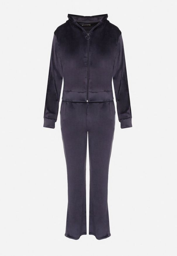 Born2be - Granatowy Welurowy Komplet Dresowy z Cyrkoniową Aplikacją Bluza i Spodnie Mitene. Kolor: niebieski. Materiał: welur, dresówka. Wzór: aplikacja. Sport: turystyka piesza