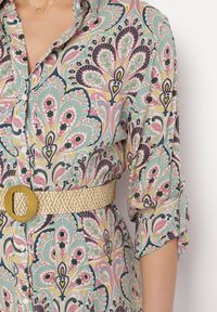 Born2be - Miętowo-Różowa Sukienka z Guzikami i Plecionym Paskiem z Klamrą Aralty. Kolor: miętowy. Długość rękawa: długi rękaw. Sezon: wiosna, lato. Typ sukienki: koszulowe #3