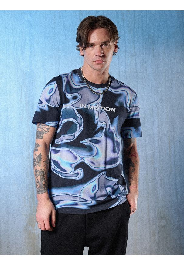 4f - 4F T-shirt regular z nadrukiem męski - granatowa M. Okazja: na co dzień. Kolor: niebieski. Materiał: dzianina, bawełna, materiał. Wzór: nadruk. Styl: casual