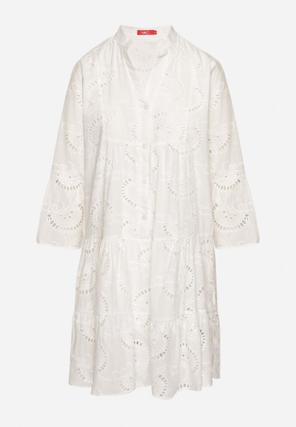 Born2be - Biała Rozkloszowana Sukienka Boho z Haftowanej Tkaniny z Bawełny Loraviel. Okazja: na imprezę, na co dzień, na spacer. Typ kołnierza: dekolt w kształcie V. Kolor: biały. Materiał: bawełna, tkanina. Wzór: haft. Styl: boho