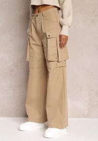 Renee - Beżowe Szerokie Spodnie High Waist w Stylu Cargo Vomisal. Stan: podwyższony. Kolor: beżowy. Materiał: tkanina. Sezon: zima #4