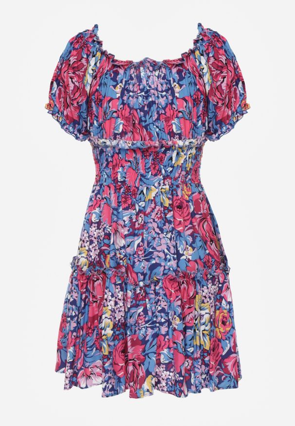 Renee - Granatowa Rozkloszowana Sukienka Mini z Gumkami w Pasie i Krótkimi Rękawami z Wiskozy Merrelle. Typ kołnierza: kołnierz z falbankami, dekolt hiszpanka. Kolor: niebieski. Materiał: wiskoza. Długość rękawa: krótki rękaw. Sezon: wiosna, lato. Długość: mini