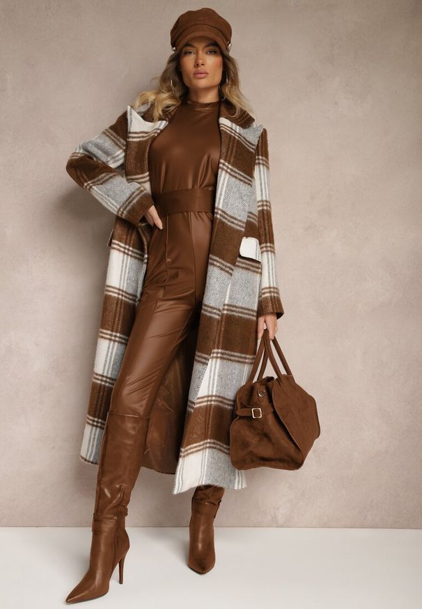 Renee - Brązowy Niezapinany Płaszcz w Kratkę z Kieszeniami z Klapą Fiboila. Okazja: na co dzień. Kolor: brązowy. Materiał: jeans. Wzór: kratka. Styl: elegancki, casual