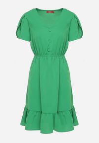 Born2be - Zielona Rozkloszowana Sukienka z Gumką w Talii i Falbanką Welimia. Kolor: zielony #3
