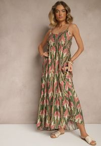 Renee - Zielono-Różowa Sukienka w Stylu Boho z Cienkimi Regulowanymi Ramiączkami Tosena. Okazja: na co dzień. Kolor: zielony. Długość rękawa: na ramiączkach. Sezon: lato. Styl: boho. Długość: maxi