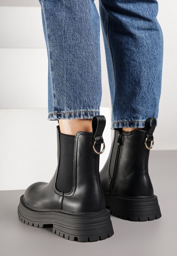Born2be - Czarne Botki w Stylu Sztybletów na Grubej Tłoczonej Podeszwie Latonisse. Okazja: na co dzień. Kolor: czarny. Materiał: jeans. Styl: casual