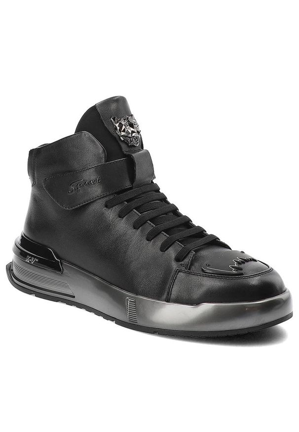 Czarne Sneakersy John Doubare Męskie Skórzane Buty. Okazja: na co dzień. Zapięcie: pasek. Kolor: czarny. Materiał: skóra. Wzór: aplikacja