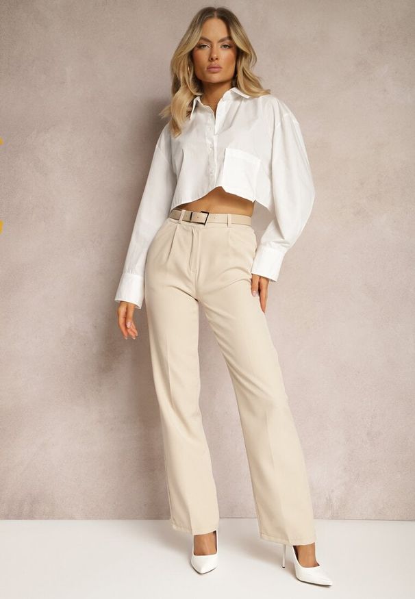 Renee - Beżowe Spodnie Garniturowe z Lekko Rozszerzanymi Nogawkami Lienta. Okazja: do pracy, na spotkanie biznesowe, na co dzień. Kolor: beżowy. Styl: klasyczny, casual, elegancki, biznesowy