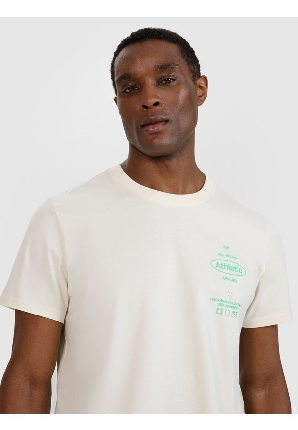 4f - 4F T-shirt regular z nadrukiem męski - biały M. Okazja: na co dzień. Kolor: biały. Materiał: dzianina, jersey, bawełna. Długość rękawa: krótki rękaw. Długość: krótkie. Wzór: nadruk. Styl: casual, klasyczny, sportowy