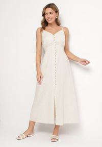 Born2be - Jasnobeżowa Bawełniana Sukienka o Rozkloszowanym Kroju na Ramiączkach z Guzikami Firbia. Okazja: na co dzień. Typ kołnierza: dekolt w kształcie V. Kolor: beżowy. Materiał: bawełna. Długość rękawa: na ramiączkach. Typ sukienki: rozkloszowane. Styl: elegancki, casual #1