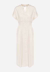 Born2be - Beżowa Koszulowa Sukienka z Wiskozą i Gumką w Pasie Zapinana na Guziki Dillea. Okazja: na co dzień, na imprezę. Kolor: beżowy. Materiał: wiskoza. Typ sukienki: koszulowe. Styl: casual, elegancki #7