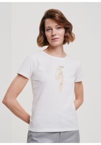 Ochnik - T-shirt damski kremowy z wilgą. Kolor: biały. Materiał: bawełna. Wzór: aplikacja