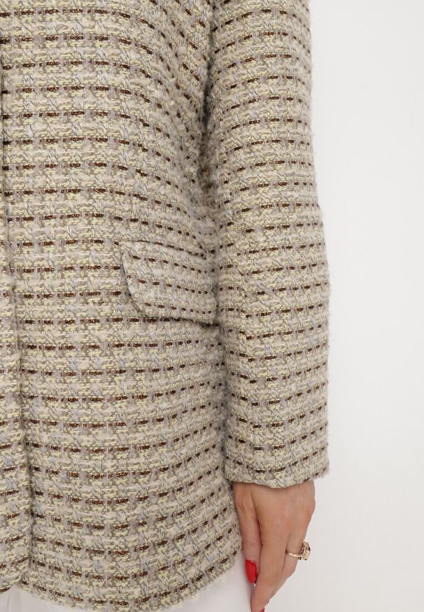 Born2be - Szaro-Beżowa Marynarka Tweedowa Retro o Jednorzędowym Fasonie Asaretta. Kolor: beżowy. Materiał: tkanina. Styl: retro