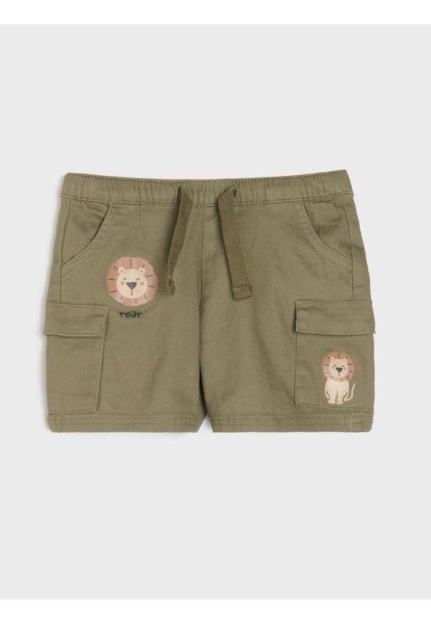 Sinsay - Spodnie jeansowe z kieszeniami cargo - khaki. Kolor: brązowy. Materiał: jeans