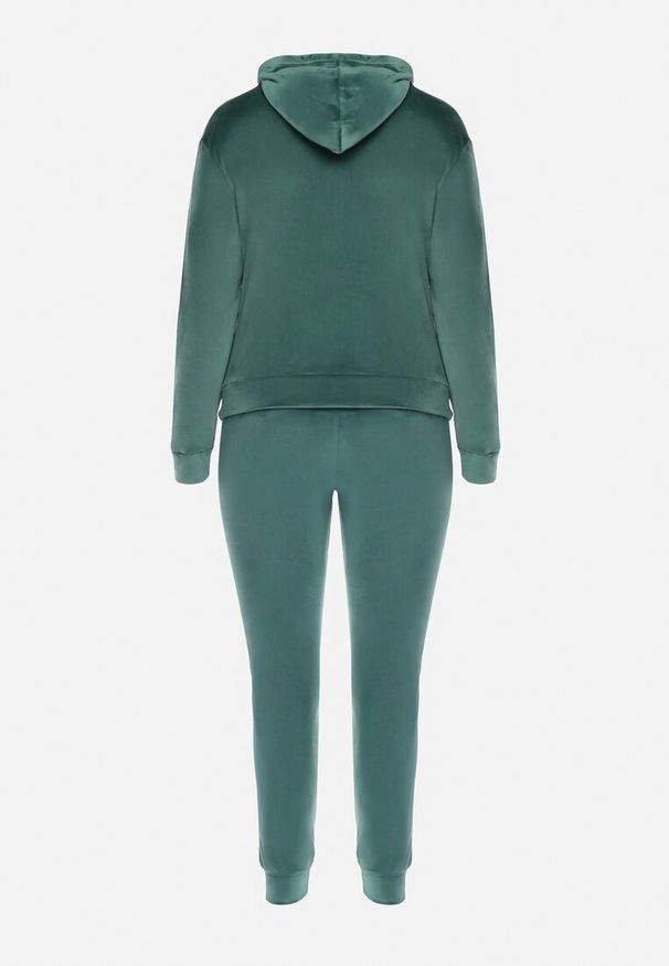 Born2be - Ciemnozielony 2-Częściowy Welurowy Komplet Dresowy ze Spodniami i Bluzą z Kapturem Bondia. Kolekcja: plus size. Kolor: zielony. Materiał: dresówka, welur