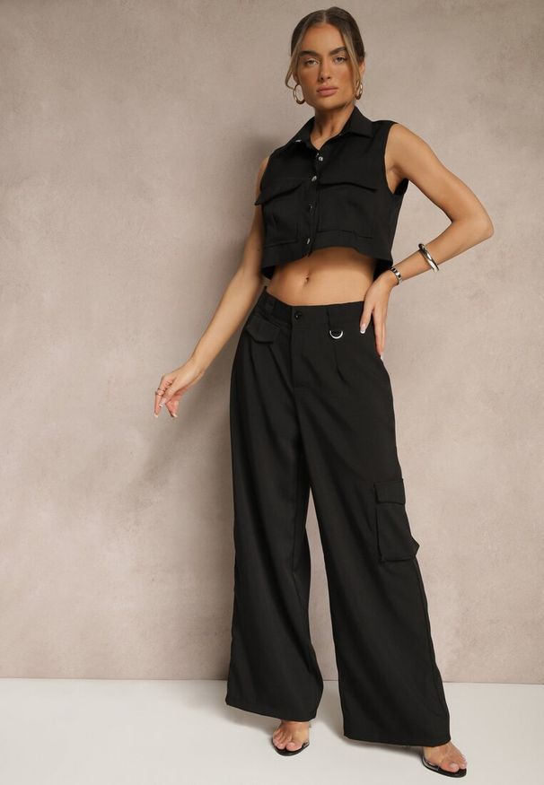Renee - Czarny Komplet Koszulowa Kamizelka i Spodnie o Szerokim Kroju w Stylu Cargo Zibelle. Kolor: czarny