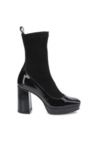 Czarne Botki Damskie Simen Modne Eleganckie Buty. Kolor: czarny. Materiał: lakier. Szerokość cholewki: normalna. Obcas: na obcasie. Styl: elegancki. Wysokość obcasa: średni #3