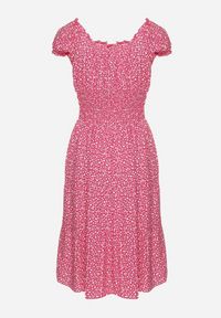 Born2be - Fuksjowa Bawełniana Sukienka w Drobne Kwiaty z Gumkami w Talii Fielita. Kolor: różowy. Materiał: bawełna. Długość rękawa: krótki rękaw. Wzór: kwiaty. Sezon: lato. Styl: elegancki #3