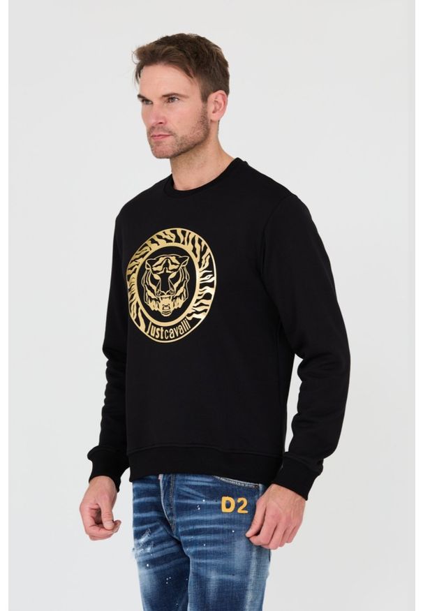 Just Cavalli - JUST CAVALLI Czarna męska bluza T-round Gold, Rozmiar M. Kolor: czarny. Wzór: nadruk