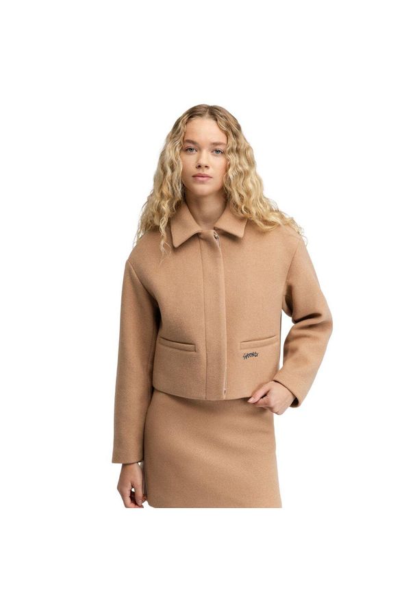 SIROKO - Damska krótka wełniana kurtka Siroko Strodet-W Sand. Kolor: beżowy. Materiał: wełna. Długość: krótkie
