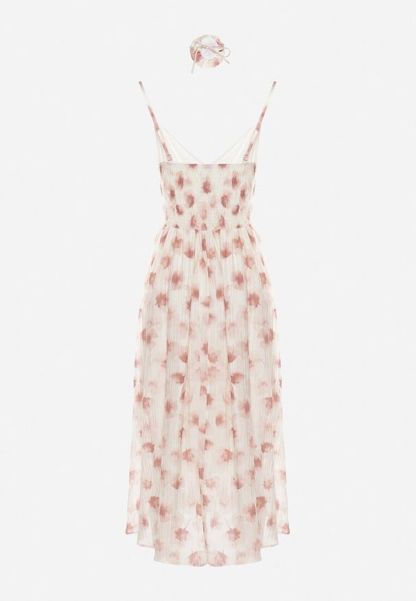 Born2be - Różowo-Beżowa Rozkloszowana Sukienka w Florystyczny Print z Chokerem Różą Jomeria. Okazja: na co dzień. Typ kołnierza: dekolt w kształcie V. Kolor: różowy. Długość rękawa: krótki rękaw. Wzór: nadruk. Styl: casual