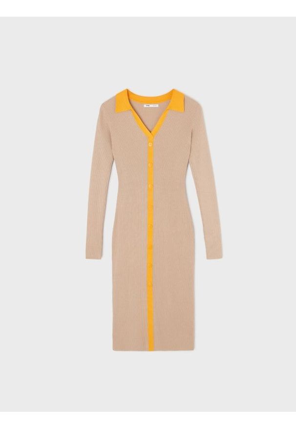 Sinsay - Swetrowa prążkowana sukienka z kołnierzykiem z wiskozą - beżowy. Kolor: beżowy. Materiał: prążkowany, wiskoza