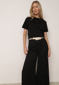Born2be - Czarne Spodnie z Wiskozą o Szerokim Kroju z Wysokim Stanem i Paskiem Larailure. Okazja: na co dzień, do pracy. Stan: podwyższony. Kolor: czarny. Materiał: wiskoza. Długość: krótkie. Sezon: wiosna, lato. Styl: casual #7