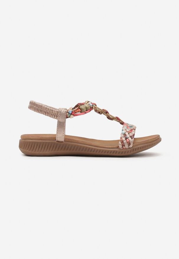 Born2be - Szampańskie Sandały z Koralikami i Plecionymi Paseczkami Lomerae. Okazja: na co dzień. Kolor: złoty. Sezon: lato. Obcas: na obcasie. Styl: boho, etno, elegancki, casual. Wysokość obcasa: niski