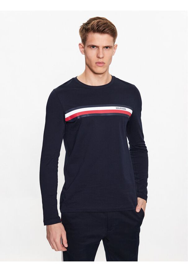 TOMMY HILFIGER - Tommy Hilfiger Longsleeve Monotype Chest Stripe MW0MW32366 Granatowy Slim Fit. Kolor: niebieski. Materiał: bawełna. Długość rękawa: długi rękaw