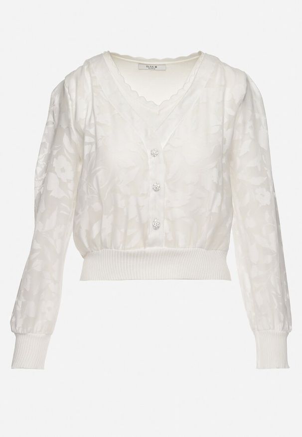 Born2be - Biała Bluzka z Przeźroczystego Materiału Zapinana na Ozdobne Guziki Aviorena. Okazja: na co dzień. Kolor: biały. Materiał: materiał. Długość: długie. Wzór: aplikacja. Styl: klasyczny, casual