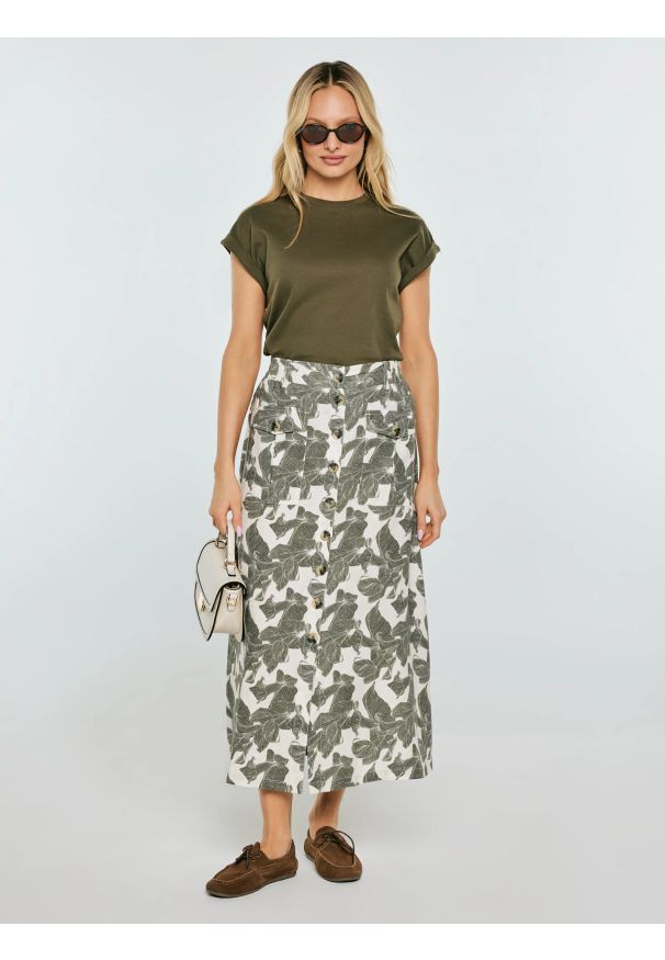 Big-Star - Spódnica damska lniana midi w roślinny wzór Roliana 000. Kolor: wielokolorowy. Materiał: len. Styl: wizytowy, elegancki