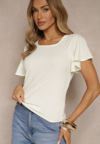 Renee - Beżowa Bluzka z Rozkloszowanymi Rękawami Sunelva. Okazja: na co dzień. Kolor: beżowy. Materiał: jeans. Styl: elegancki, casual #4
