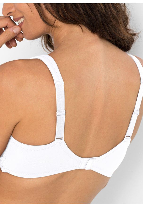 bonprix - Biustonosz typu T-shirt z wyściełanymi ramiączkami. Kolor: biały. Materiał: koronka. Rodzaj stanika: różne sposoby noszenia, wyściełane miseczki. Wzór: kwiaty, koronka, aplikacja